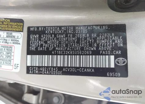 2005 Toyota Camry Le z USA, uszkodzony, nr VIN 4T1BE32K85U562069